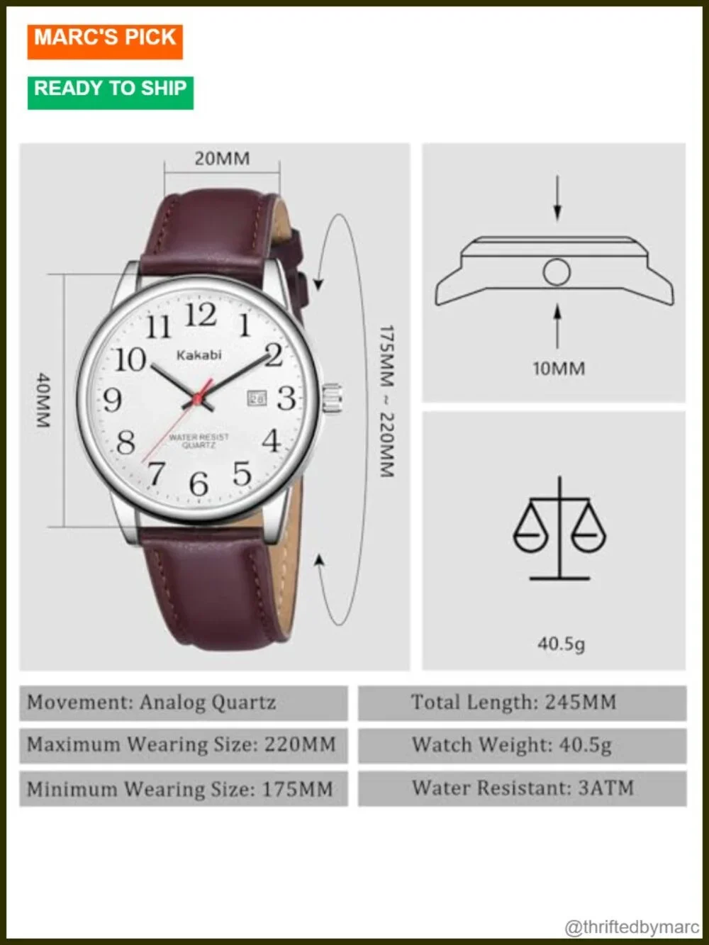 Easy Reader Analog Quartz Wristwatch with Date and Leather Band, Water Resistant